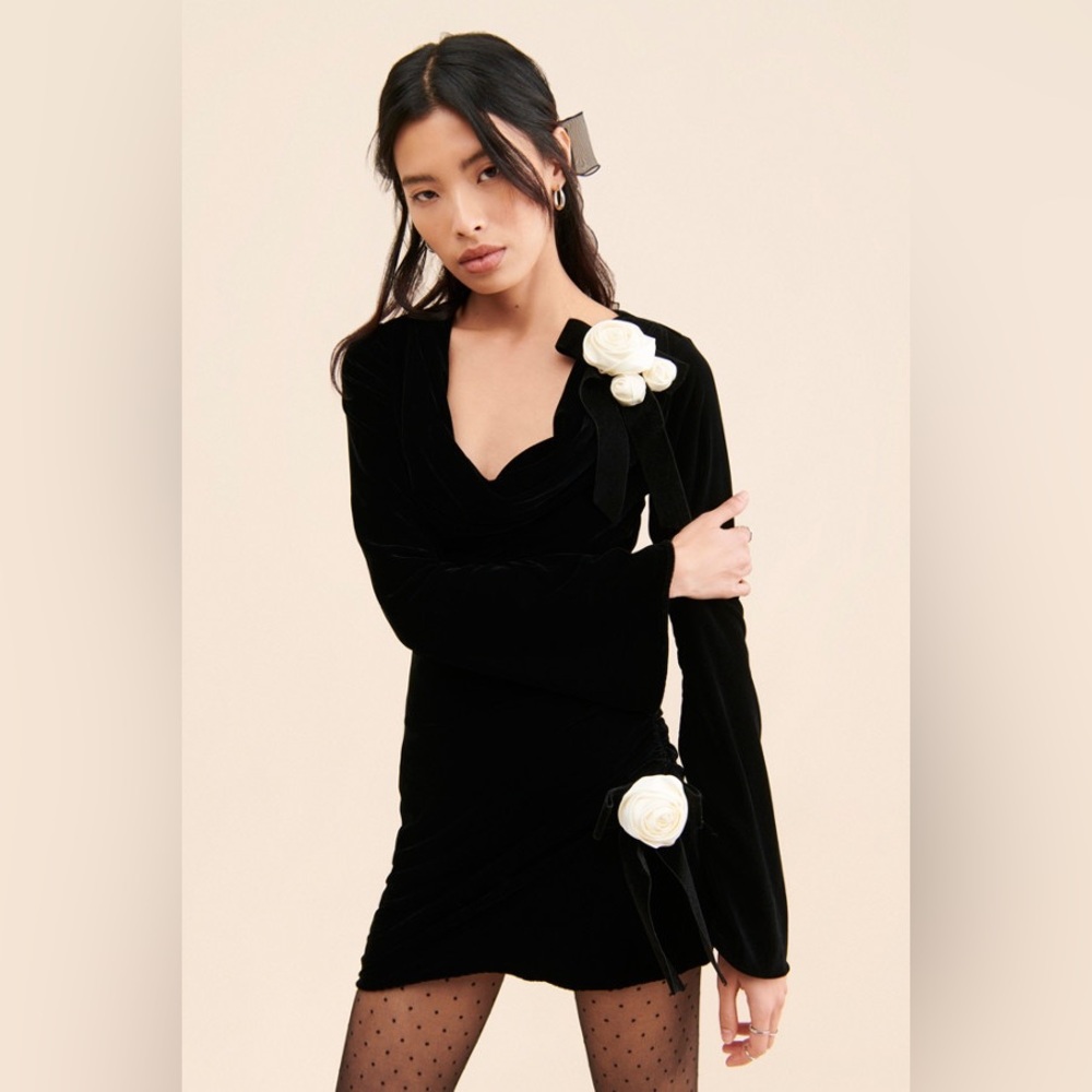 Anthropologie Tamera Love & Lemons Velvet Mini Rose & Ribbon Dress NWOT Size L